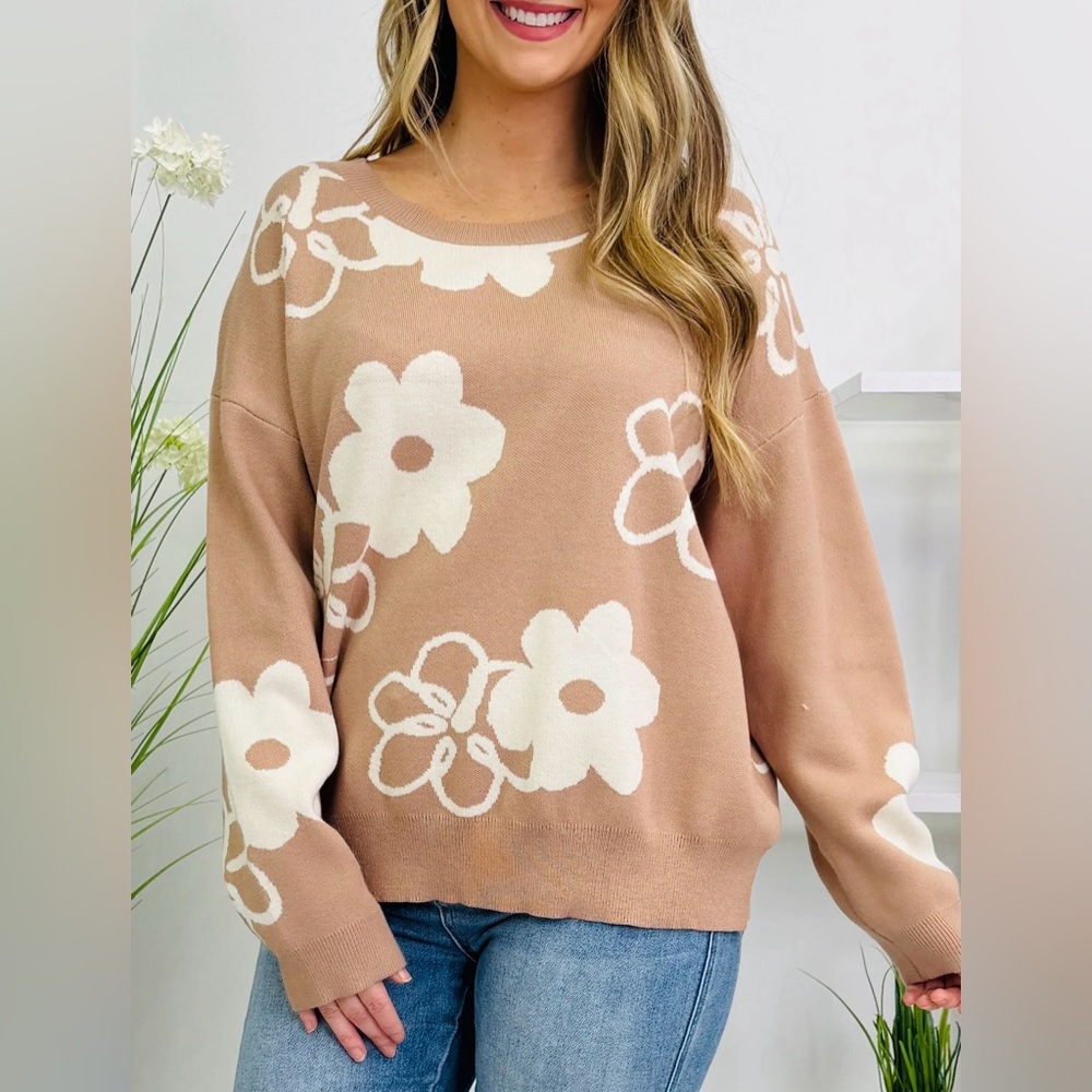 New! Light Mocha and Ivory Floral Sweater